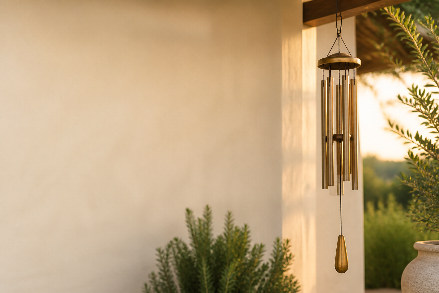 A brass memorial wind chime hanging on a quiet porch at golden hour